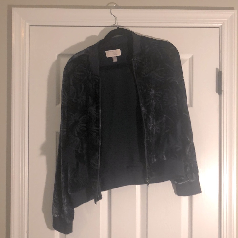Silvery blue burnout velvet bomber jacket